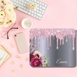 Silver pink glitter drips metallic florals name mouse pad<br><div class="desc">Pink faux glitter drip,  paint drip look on a faux silver metallic looking background. Burgundy and rose gold colored Flowers. Template for Your name.  The name in rose gold is written with a modern and trendy hand lettered style script.</div>