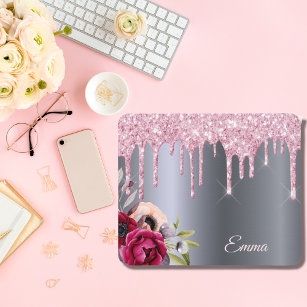 Silver pink glitter drips metallic florals name mouse pad