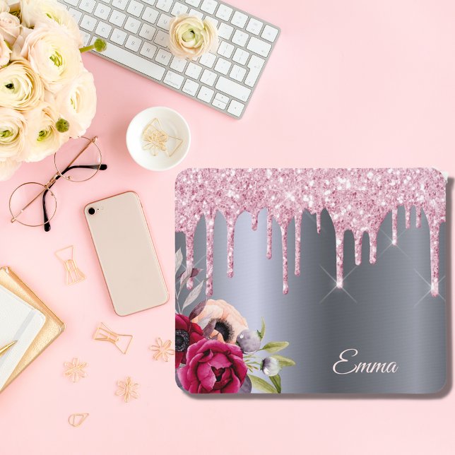 Silver pink glitter drips metallic florals name mouse pad (Creator Uploaded)