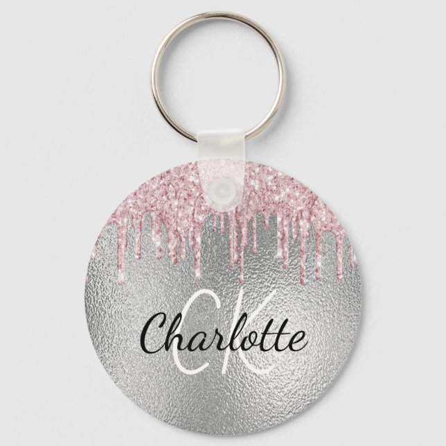 Silver pink glitter drips monogram initials keychain (Front)