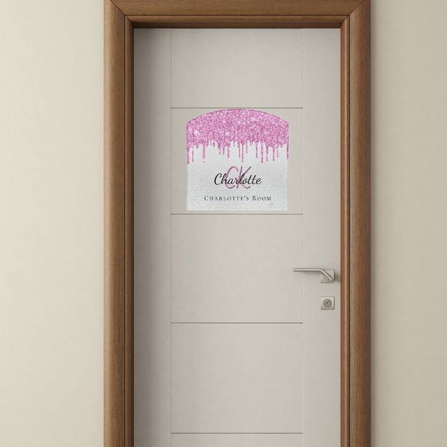 Silver pink glitter drips monogram name door sign (Creator Uploaded)