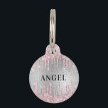 Silver pink glitter drips monogram name girl pet ID tag<br><div class="desc">A faux silver metallic looking background decorated with pink faux glitter drips,  paint dripping look. Personalize and add a name. Add your phone number on the back. Black colored text.</div>