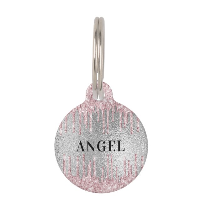 Silver pink glitter drips monogram name girl pet ID tag (Front)