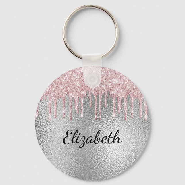 Silver pink glitter drips monogram name  keychain (Front)
