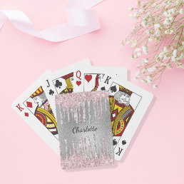 Silver pink glitter drips monogram name playing cards