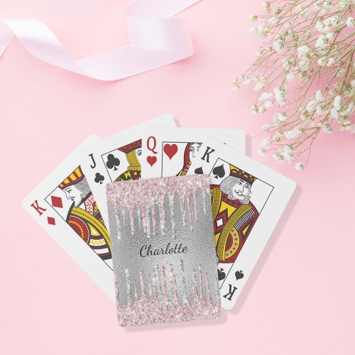 Silver pink glitter drips monogram name playing cards