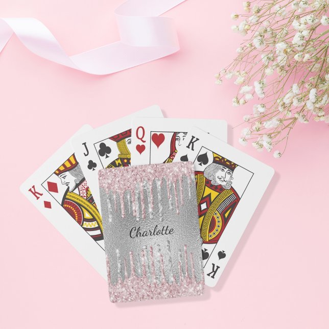 Silver pink glitter drips monogram name poker cards (Creator Uploaded)