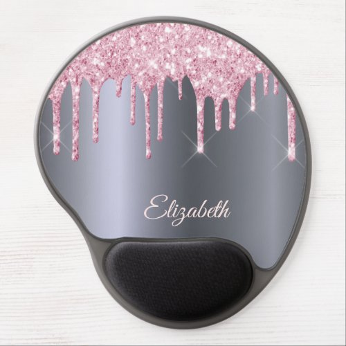 Silver pink glitter drips name gel mouse pad