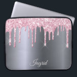 Silver pink glitter drips name script laptop sleeve<br><div class="desc">Pink faux glitter drip,  paint drip look on a faux silver metallic looking background. Template for Your name.  The name in light gray is written with a modern and trendy hand lettered style script.</div>