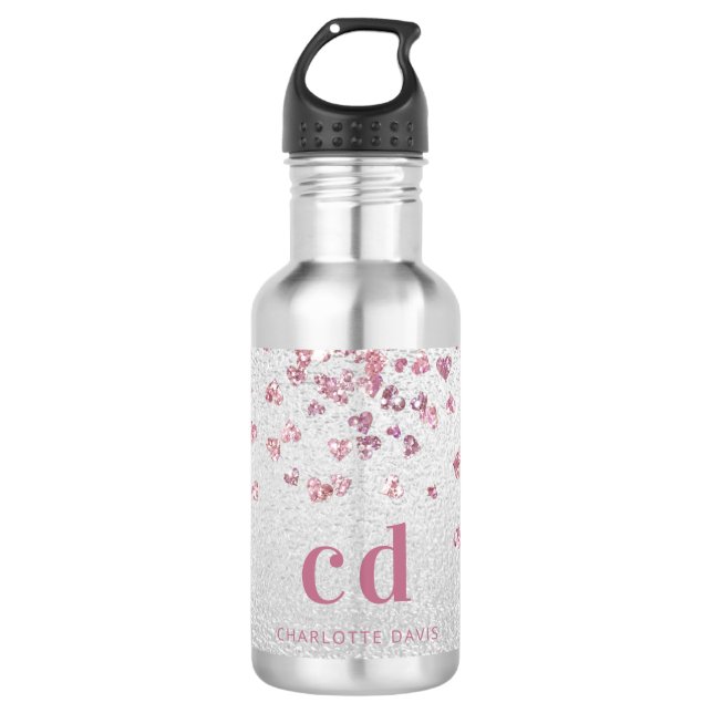 Silver pink glitter hearts monogram initials stainless steel water bottle (Front)
