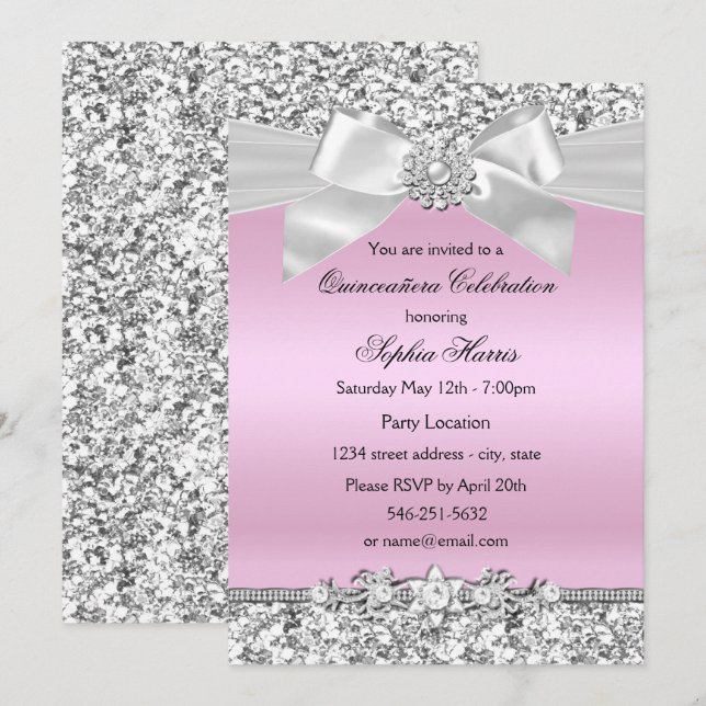 Silver Pink Glitter Jewel Bow Quinceanera Birthday Invitation (Front/Back)
