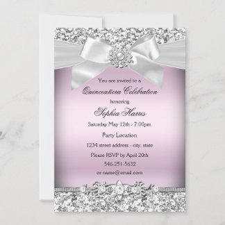Silver Pink Glitter & Jewel Bow Quinceanera Invitation