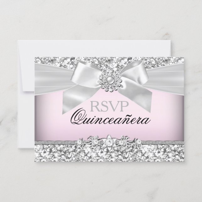 Silver Pink Glitter & Jewel Bow Quinceanera RSVP (Front)