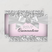 Silver Pink Glitter & Jewel Bow Quinceanera RSVP (Front/Back)