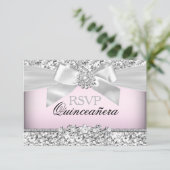 Silver Pink Glitter & Jewel Bow Quinceanera RSVP (Standing Front)