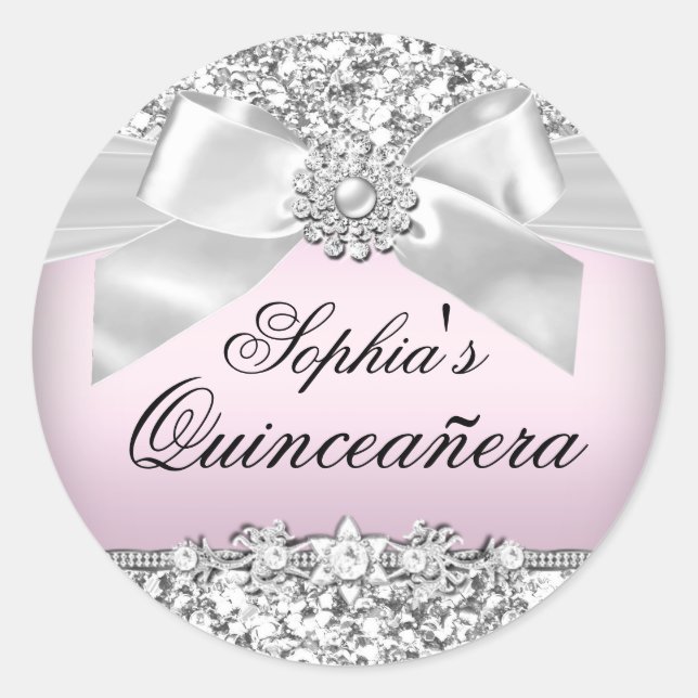 Silver Pink Glitter & Jewel Bow Sticker (Front)