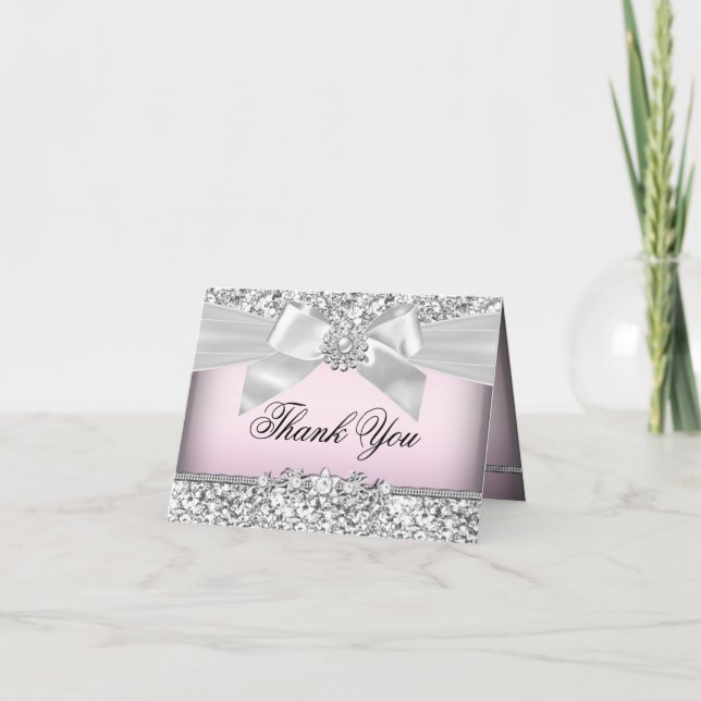 Silver Pink Glitter & Jewel Bow Thank You Card (Front)