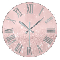 Silver Pink Glitter Minimal Metallic Roman Numers Large Clock Silver Pink Glitter Minimal Metallic Roman Numers Large Clock