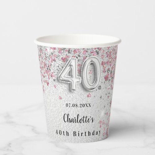 Silver pink glitter monogram 40th birthday paper cups