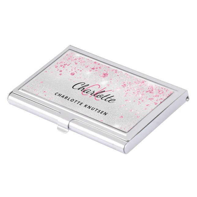 Silver pink glitter monogram initails name business card case (Front)