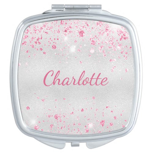 Silver pink glitter monogram name compact mirror