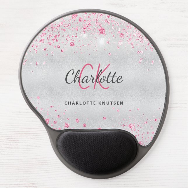 Silver pink glitter monogram name gel mouse pad (Front)