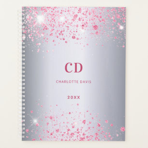 Silver pink glitter monogram name planner