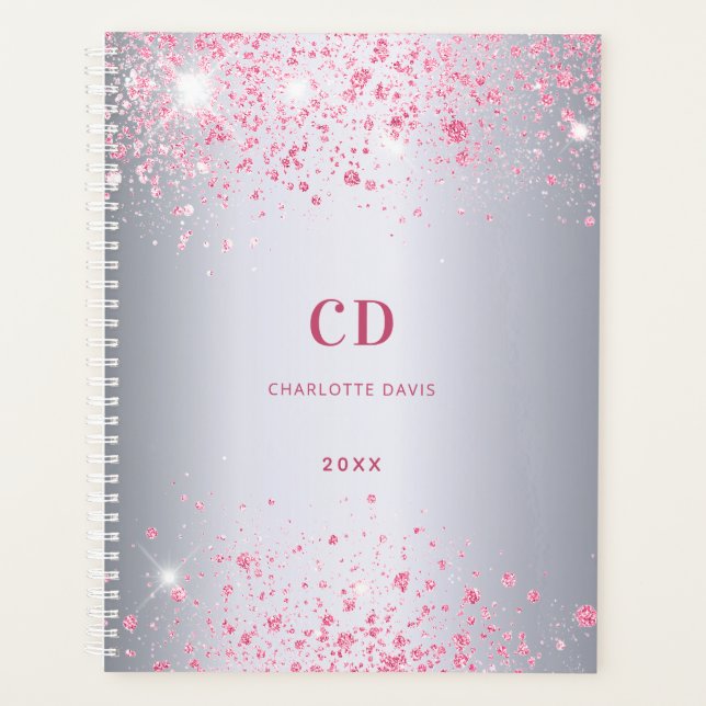 Silver pink glitter monogram name planner (Front)