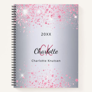 Silver pink glitter name monogram notebook