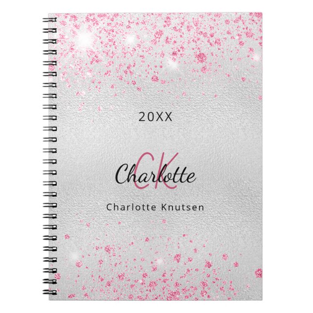 Silver pink glitter name monogram notebook (Front)