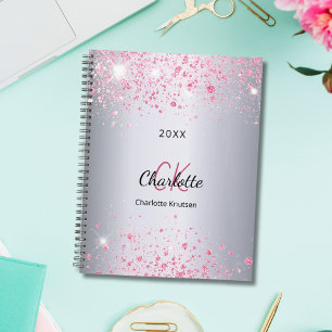 Silver pink glitter name monogram planner