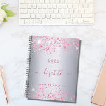 Silver pink glitter name monogram script 2024 planner<br><div class="desc">A faux silver metallic looking background decorated with pink faux glitter dust. Personalize and add your name.  The name is written with a modern hand lettered style script with swashes. 
To keep the swashes only delete the sample name,  leave the spaces or emoji's in front and after the name.</div>