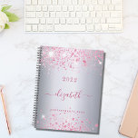 Silver pink glitter name monogram script 2025 planner<br><div class="desc">A faux silver looking background decorated with pink faux glitter dust. Personalize and add your name.  The name is written with a modern hand lettered style script with swashes. 
To keep the swashes only delete the sample name,  leave the spaces or emoji's in front and after the name.</div>