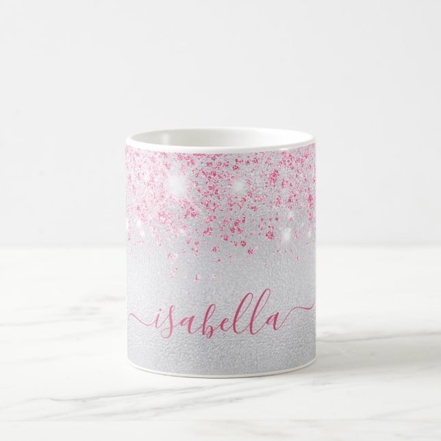 Silver pink glitter name script glamorous coffee mug (Center)