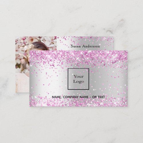 Silver pink glitter photo QR code beauty salon Business Card