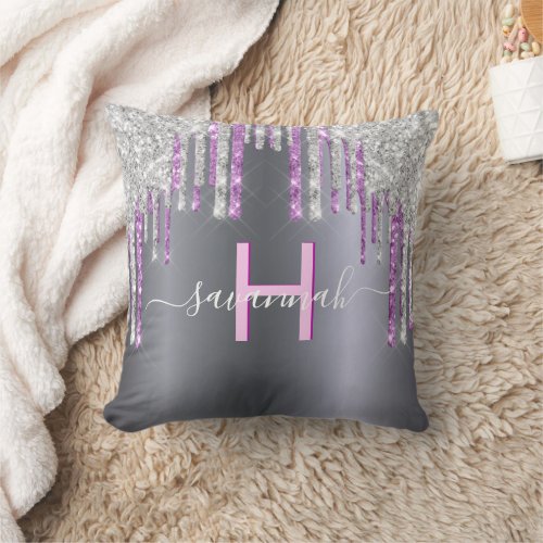 Silver pink glitter purple sparkle script name throw pillow