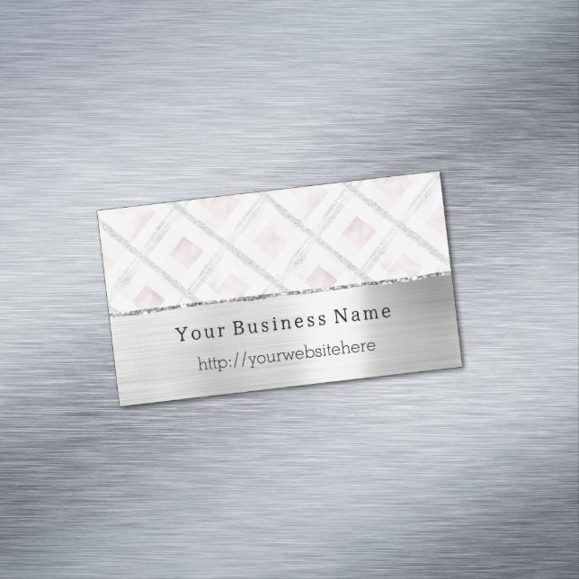 Silver Pink Glitzy Stripes Business name website Business Card Magnet (In Situ)