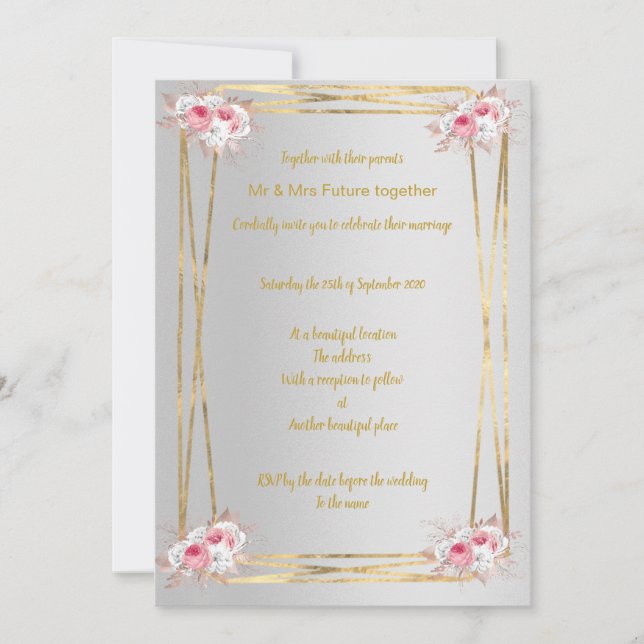 SILVER PINK GOLD ELEGANT WEDDING INVITATION (Front)