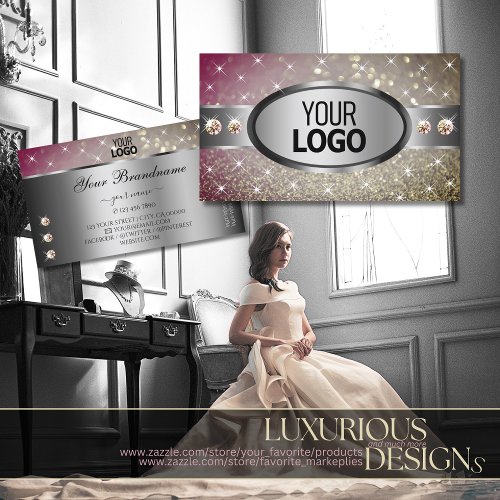 Silver Pink Gold Glitter Rhinestones and Logo Chic Business Card