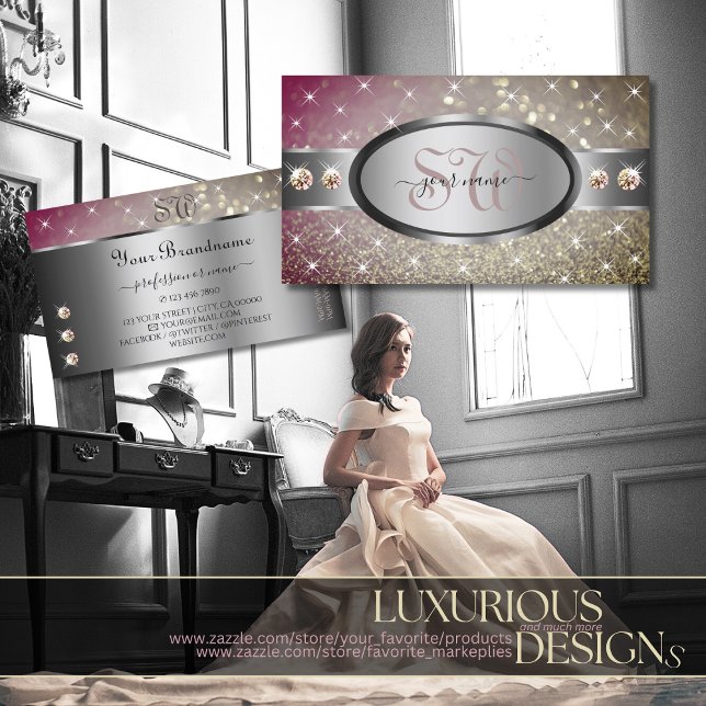 Silver Pink Gold Glitter Rhinestones and Monogram Business Card (Creator Uploaded)