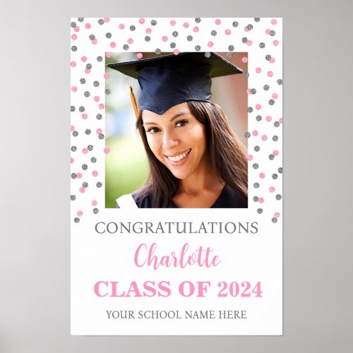Silver Pink Graduation Party Custom 12x18 Photo Poster