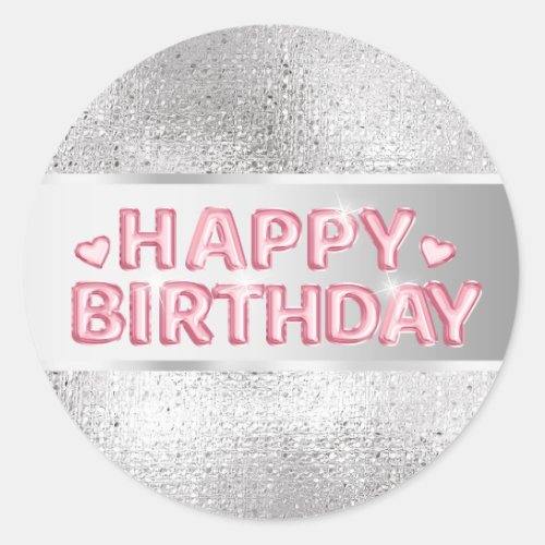 Silver pink happy birthday 3d wishes girls party classic round sticker