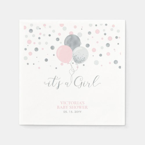 Silver  Pink Its a Girl Baby Shower Napkins