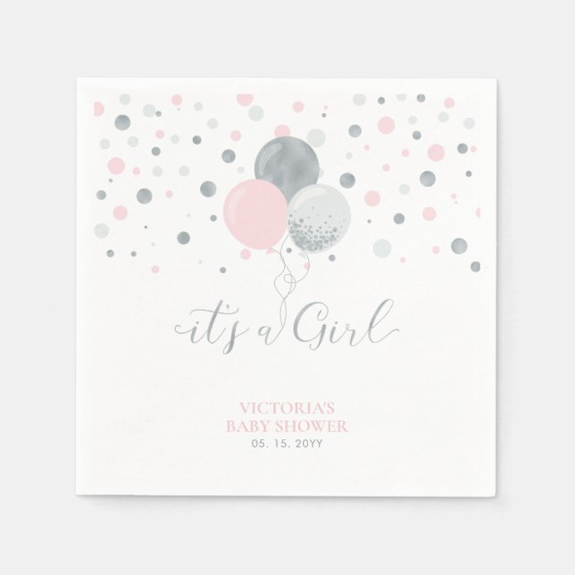 Silver & Pink It's a Girl Baby Shower Napkins (Front)