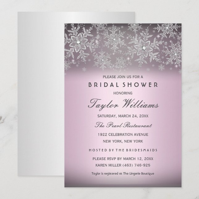 Silver Pink Jewel Snowflake Bridal Shower Invite (Front/Back)