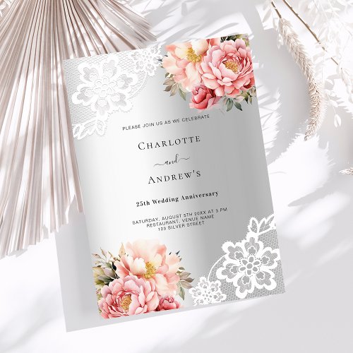 Silver pink luxury 25th wedding anniversary invitation