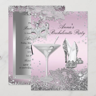 Silver Pink Mask & Jewel Lace Bachelorette Party Invitation