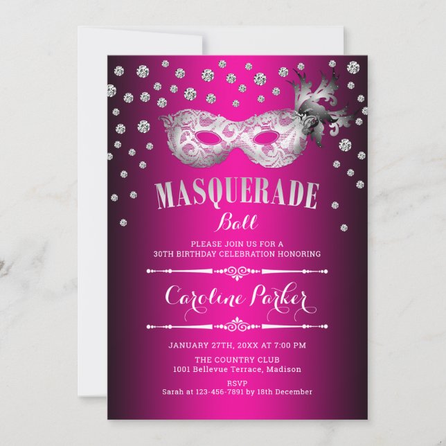 Silver Pink Masquerade Ball Birthday Party Invitation (Front)