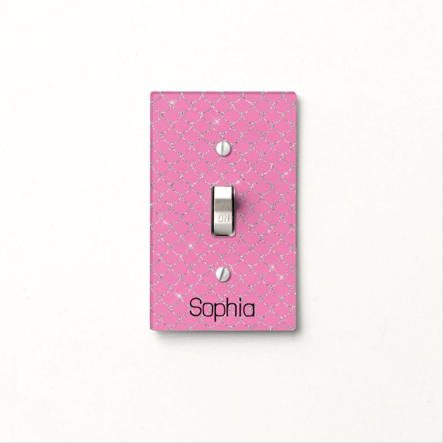 Silver Pink Mermaid Name Light Switch Cover (In Situ)
