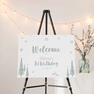 Silver Pink Mint Winter 1st Birthday Party Welcome Foam Board